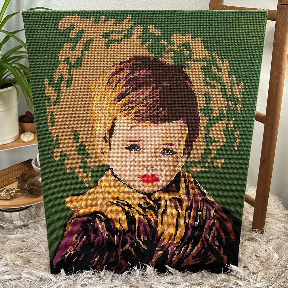 Vtg Needlepoint Crying‎ Boy Moody Decor
Pattern By LEV Dokor Printed In Israel